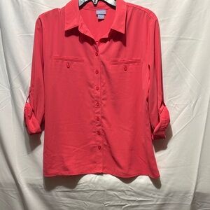 Laura Scott Coral Button-Front Roll-Tab Blouse